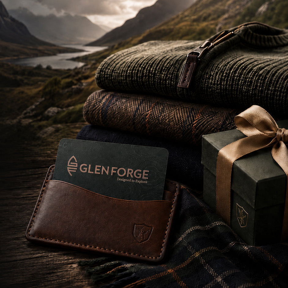 Image of Stack of Glen Forge folded clothes with a wallet and box on a mountainous landscape