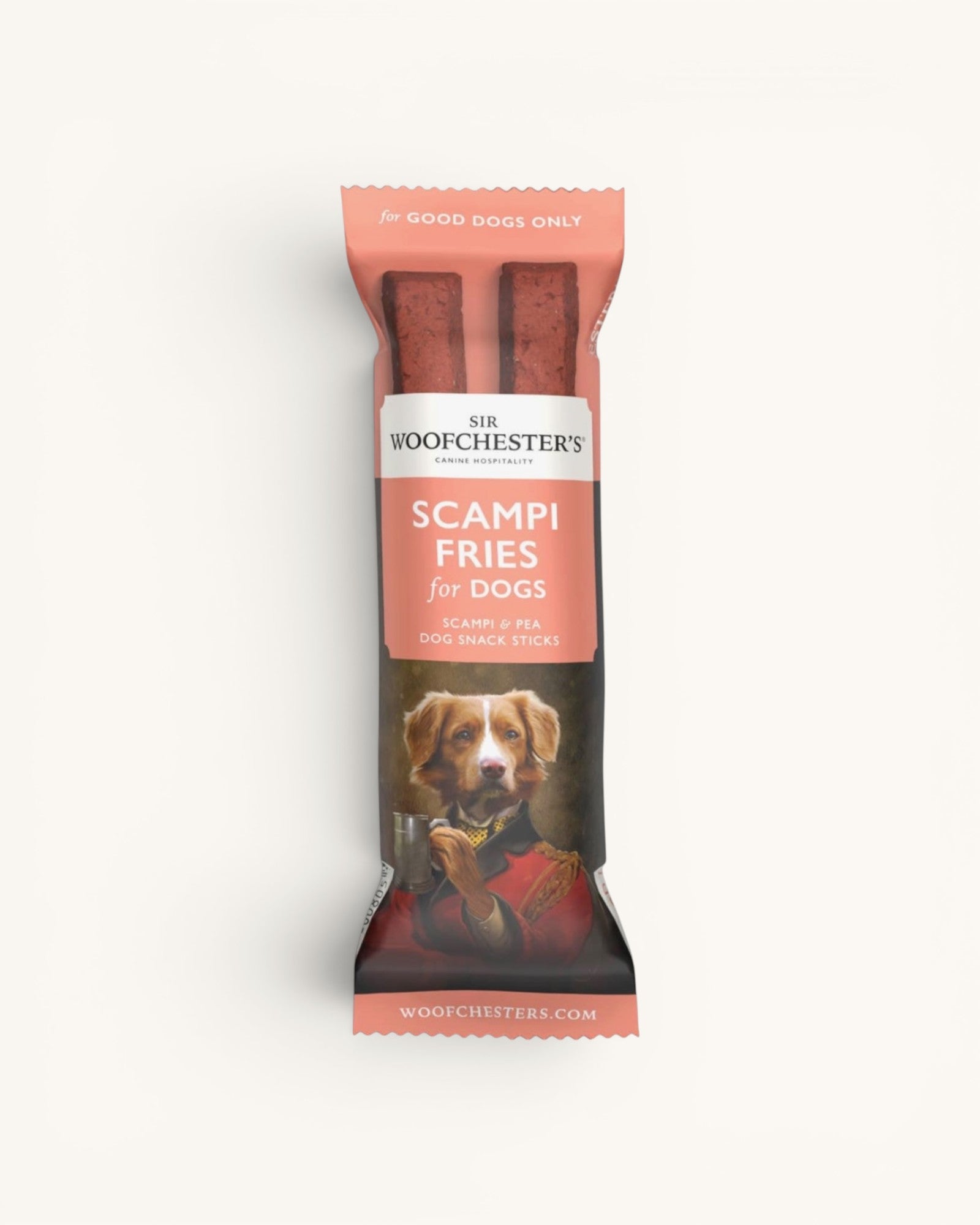 Packaged dog treat with Woofchester's branding on a white background
